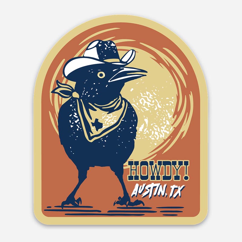 inyl sticker of a grackle wearing a cowboy hat and bandana with Austin-themed style.