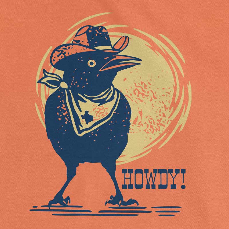 Detailed view of Howdy Grackle artwork — Austin-style grackle in cowboy hat and bandana with bold text Howdy, screen printed in Texas.