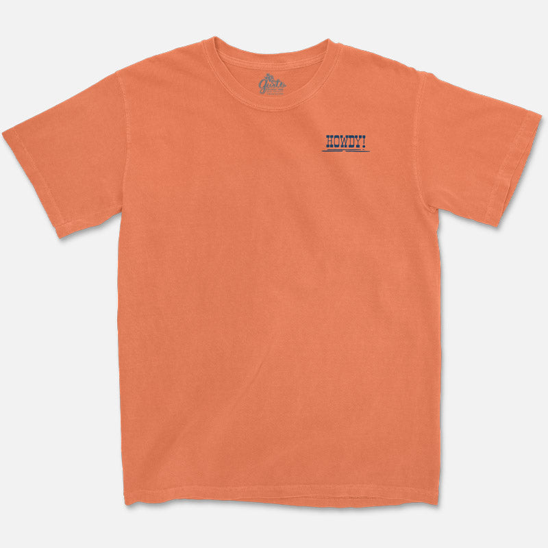 Howdy Grackle Tee featuring a cartoon grackle wearing a cowboy hat and bandana with the word Howdy printed on a soft unisex cotton shirt by Gusto Graphic Tees.