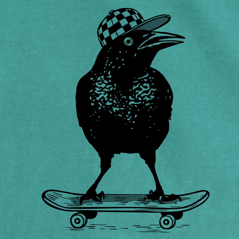 Illustration of a grackle wearing a checkered hat and riding a skateboard on a teal background