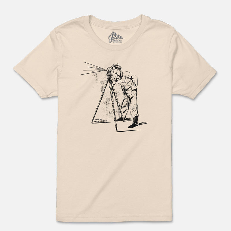 Youth t-shirt featuring vintage photo of man looking through a telescope with "Look Beyond" text – inspirational space-themed graphic on soft cotton tee.