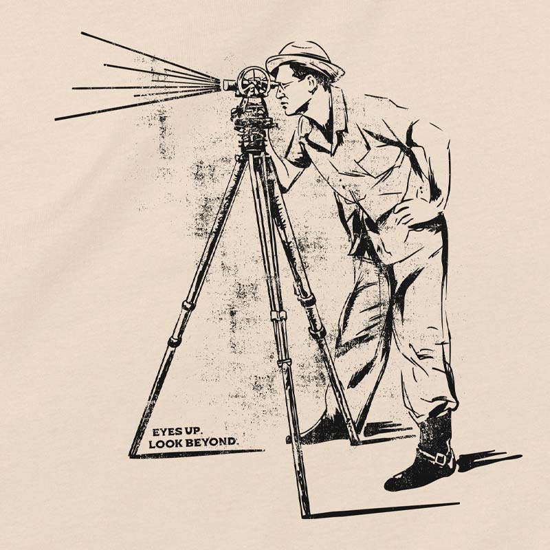 Youth t-shirt featuring vintage photo of man looking through a telescope with "Look Beyond" text – inspirational space-themed graphic on soft cotton tee.