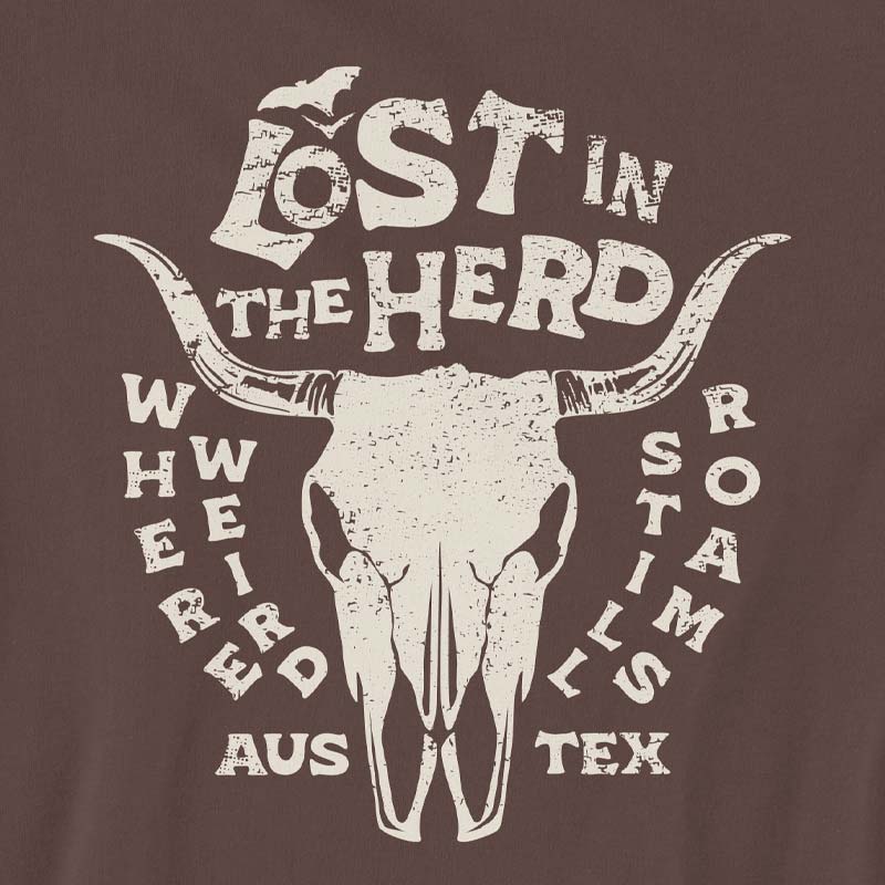 Close-up of Lost in the Herd shirt design with quirky text and Austin, Texas details