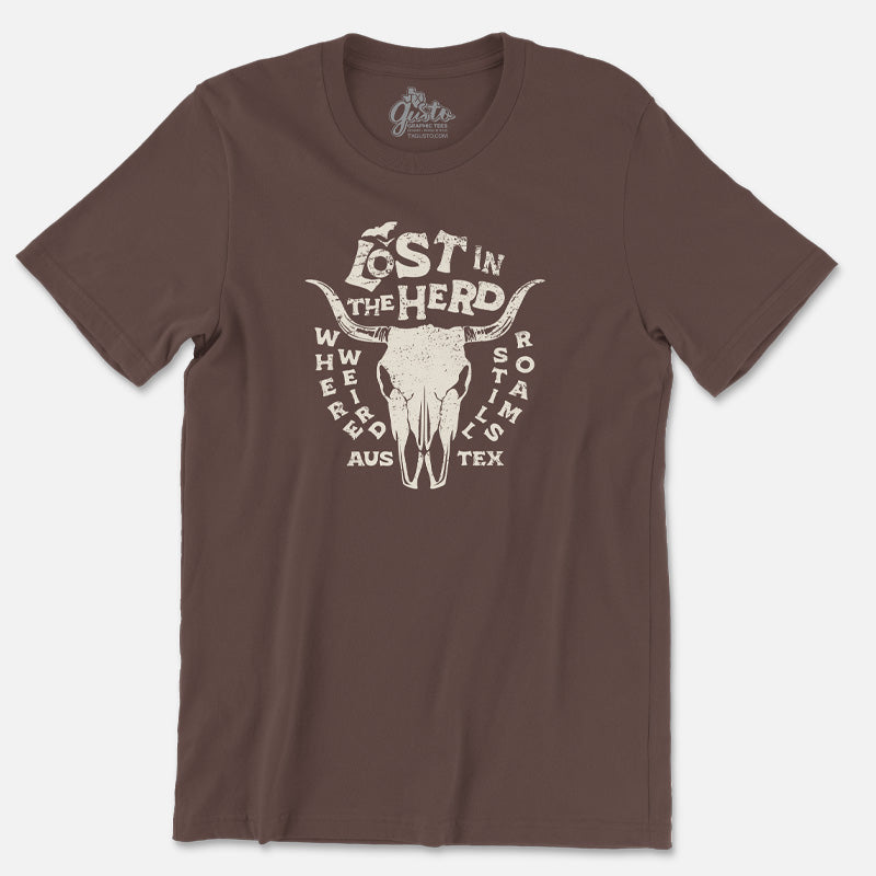 Front view of Lost in the Herd t-shirt with “Here weird still roams” and “Austin, Texas” text