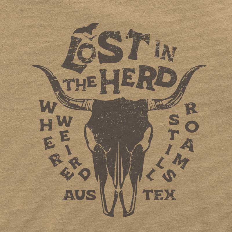 Beige t-shirt with a bull skull graphic and text 'Lost in the Herd' on a beige background
