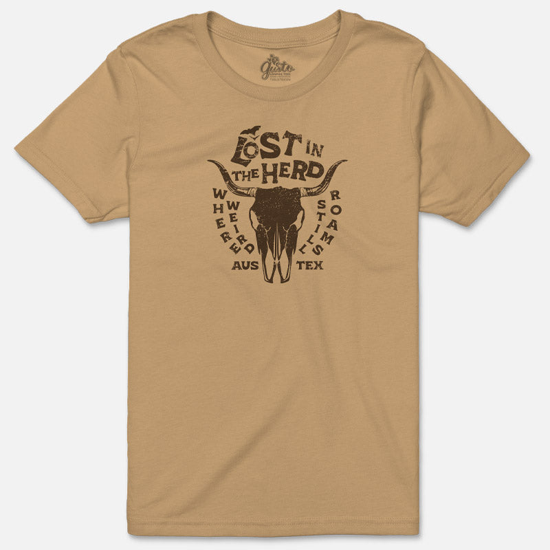 Beige t-shirt with a graphic design of a bull skull and text on a white background