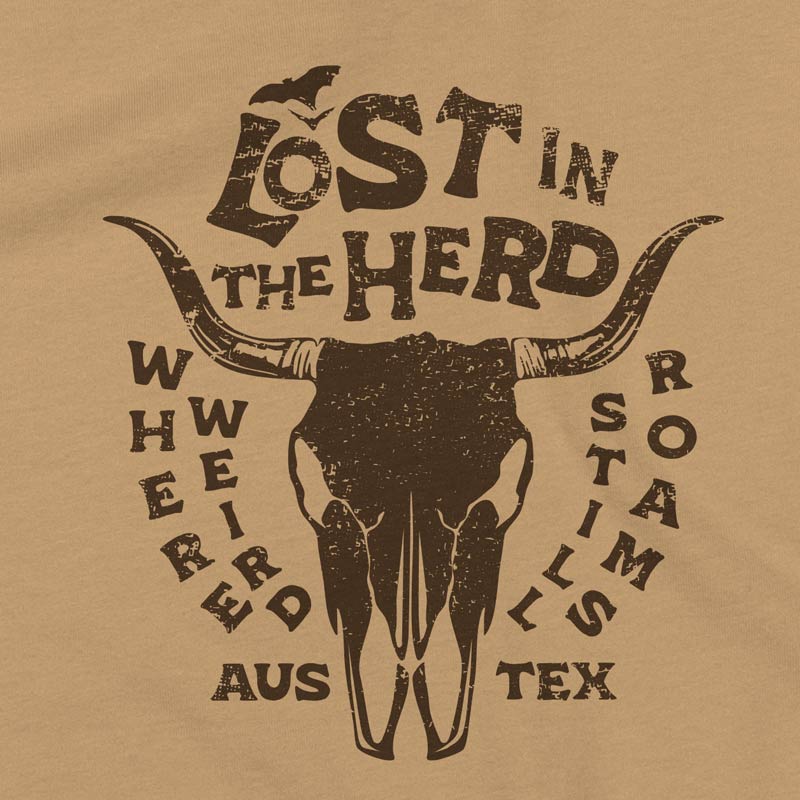 T-shirt with a bull skull design and text on a beige background