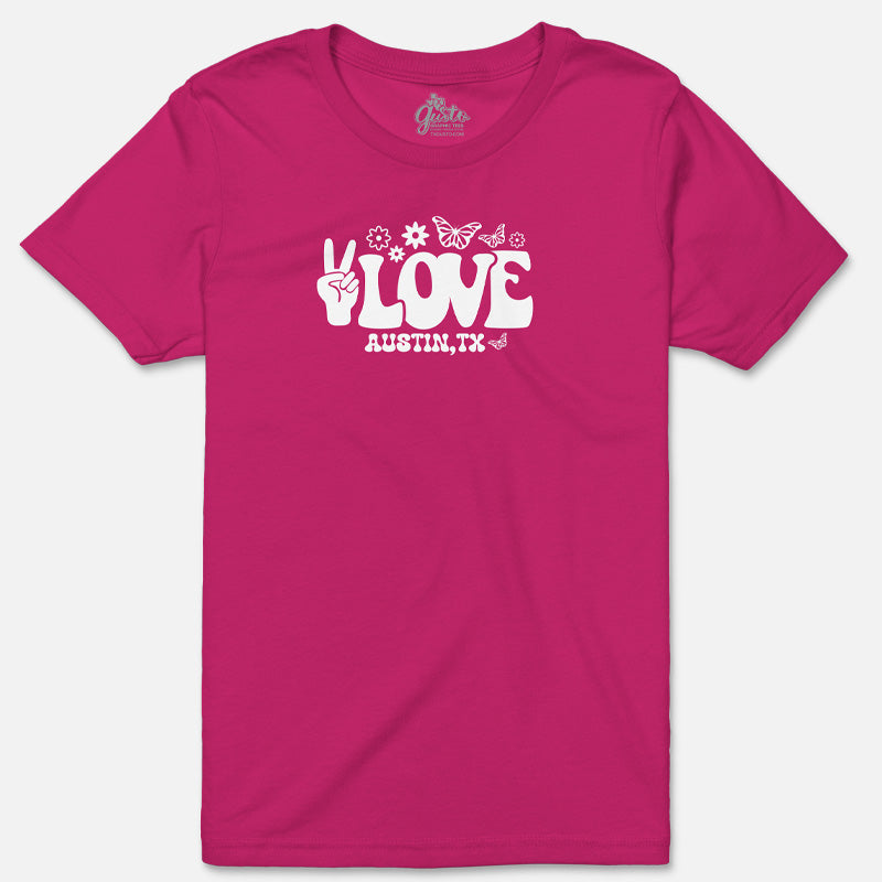 Pink t-shirt with white graphic design on a white background