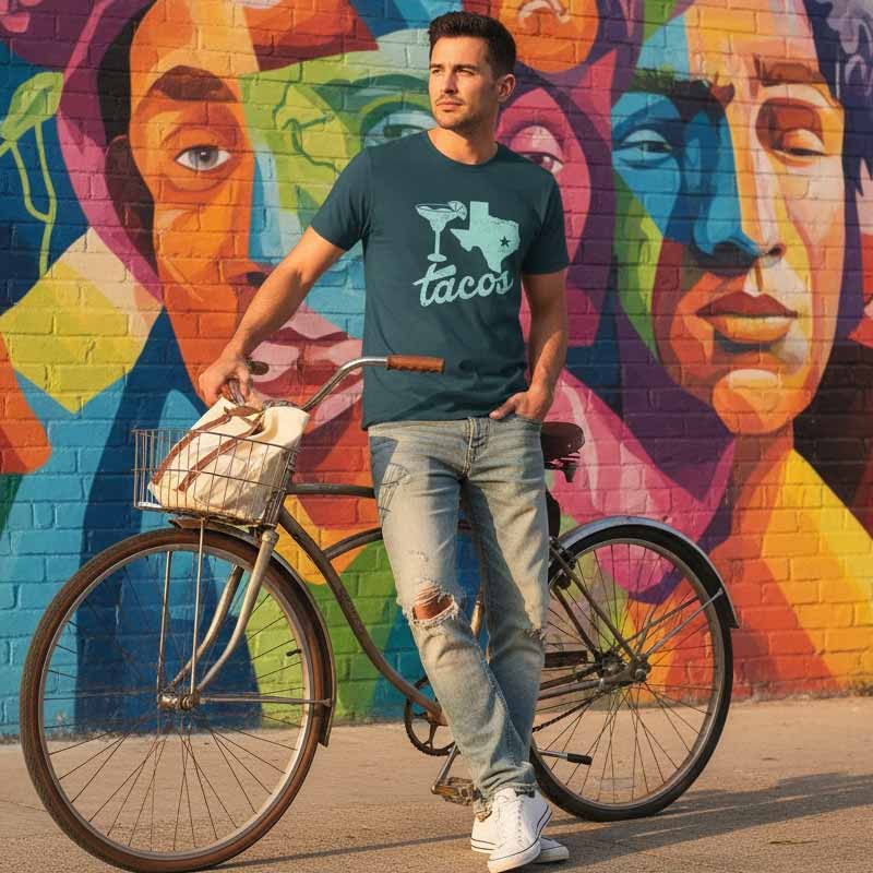 Man with a bicycle wearing a t-shirt with a graphic design in front of a colorful mural.