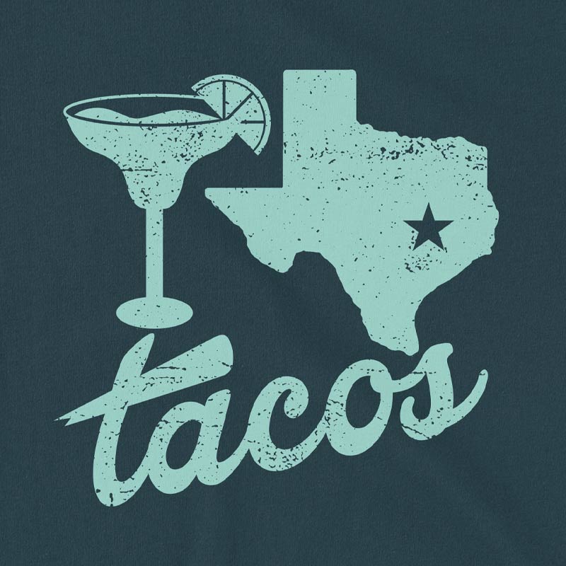 Close-up of Margaritas, TX, Tacos graphic on t-shirt – bold retro lettering celebrating Tex-Mex vibes and Texas fun