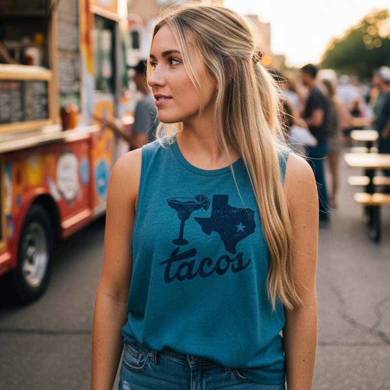 Woman wearing a blue tank top with a Texas and taco design, standing in front of food trucks.