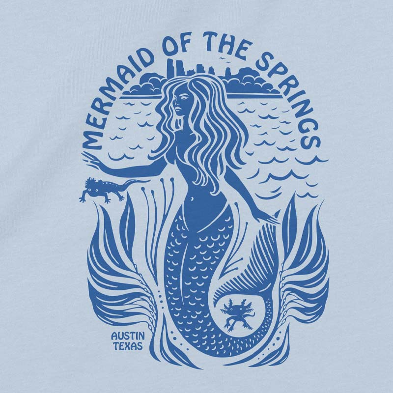 Close-up of the Mermaid of the Springs design with a flowing-haired mermaid and salamanders in vibrant spring colors.