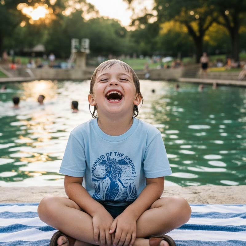 Child sitting on a towel by a pool, laughing with a scenic background