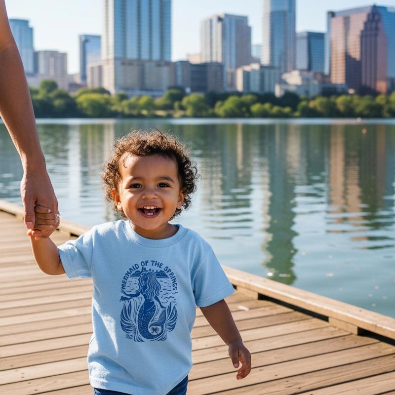 Child holding hands with an adult on a wooden dock by a lake with city skyline in the background