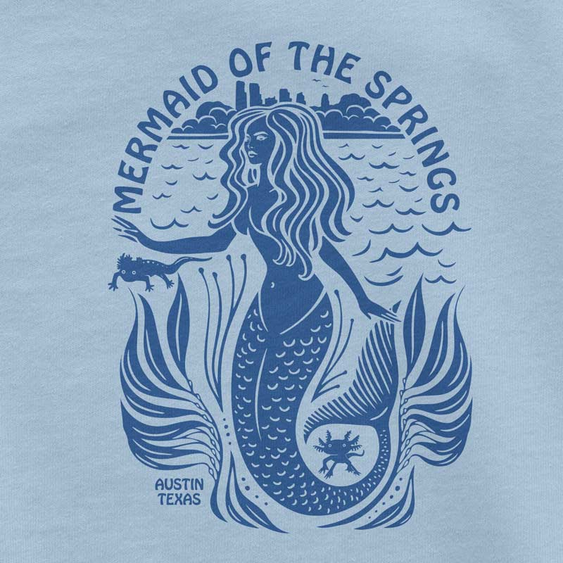 Cute toddler t-shirt featuring a mermaid swimming with Barton Springs salamanders in clear spring water, playful and Austin-inspired design.
