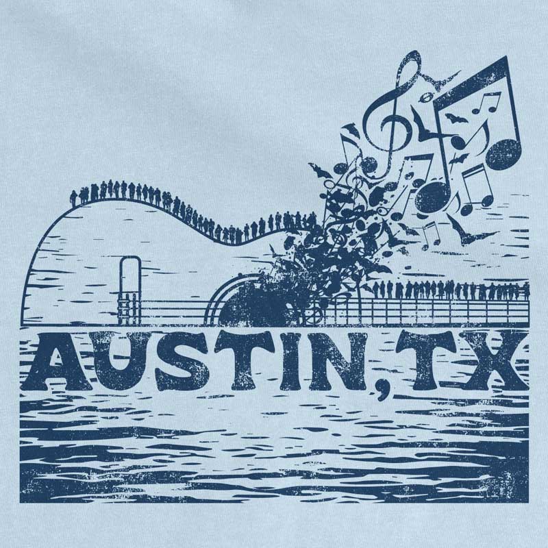 Close-up of music-inspired Austin bridge graphic printed on soft cotton fabric