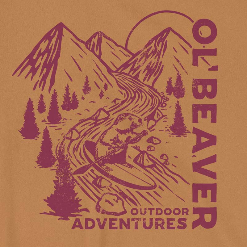 Ol’ Beaver Outdoor Adventures t-shirt with vintage-style graphic of adventurous female beaver in nature scene