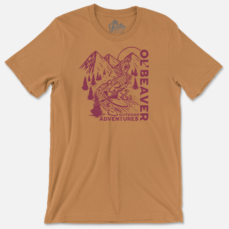 Ol’ Beaver Outdoor Adventures t-shirt with vintage-style graphic of adventurous female beaver in nature scene