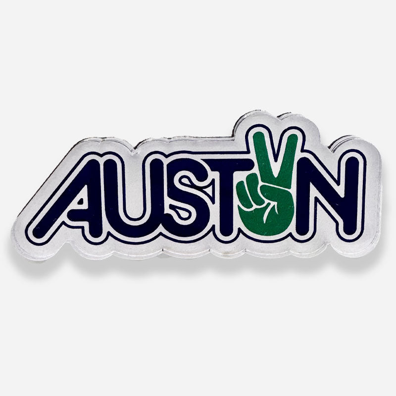 Peace Austin acrylic magnet with retro colorful design, .25-inch thick clear acrylic, displayed on white background