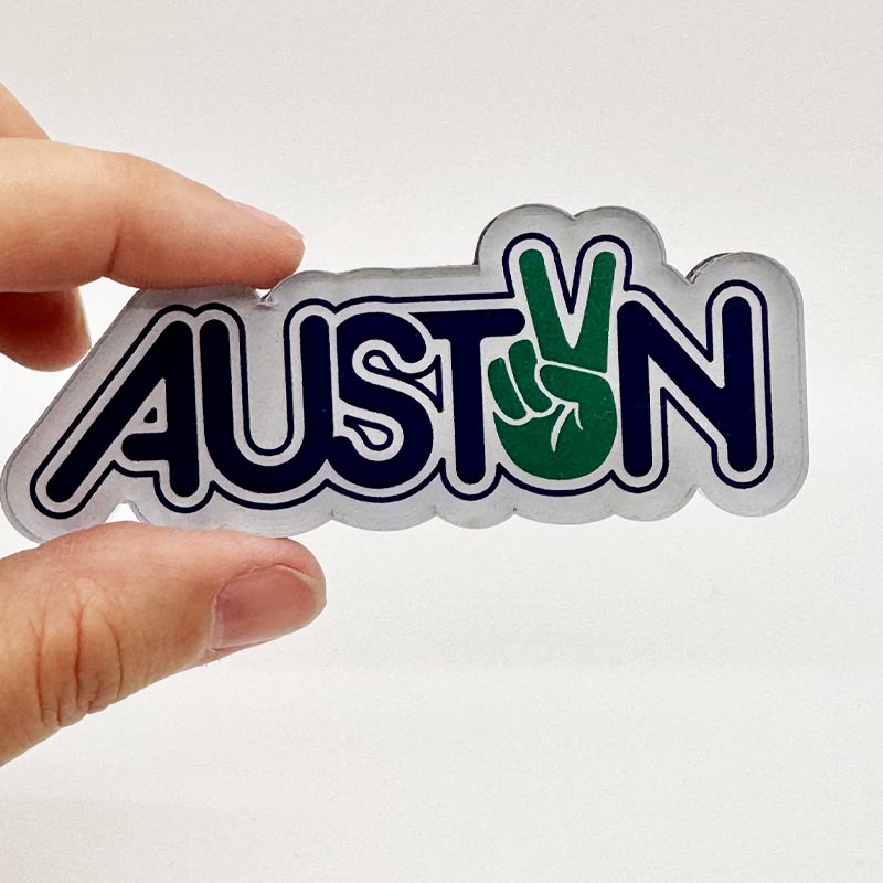 Peace Austin fridge magnet with vibrant 70s-style lettering and peace sign, ideal for Austin souvenir collectors