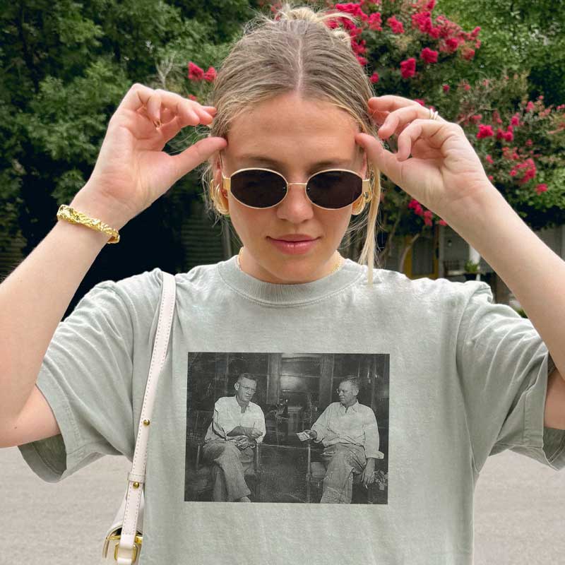 Model wearing Snapshots & Smoke t-shirt featuring nostalgic photo and vintage design