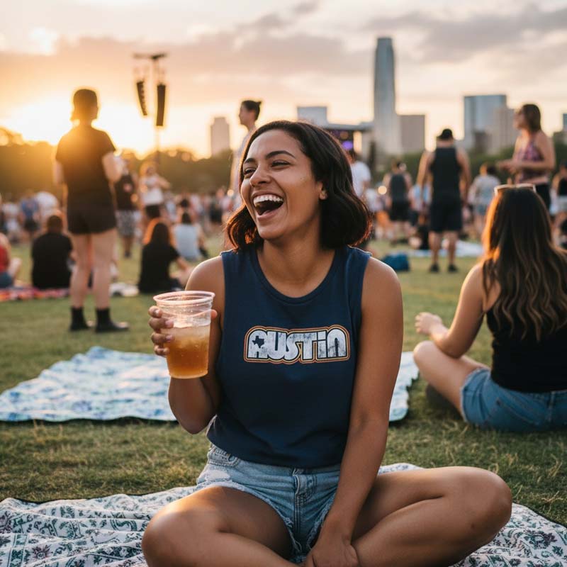 Woman in an 'Austin' tank top holding a drink, sitting on a blanket with a city skyline in the background.