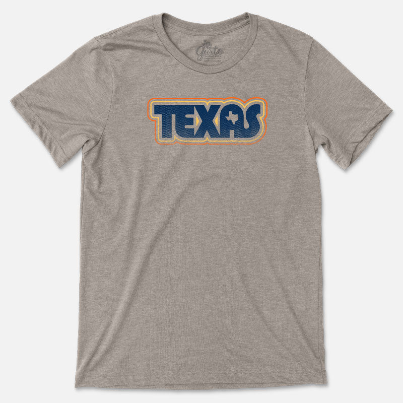 Retro Texas T-shirt featuring vintage-style typography in bold, colorful print on a soft cotton tee