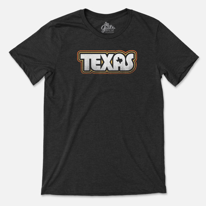 Retro Texas T-shirt featuring vintage-style typography in bold, colorful print on a soft cotton tee