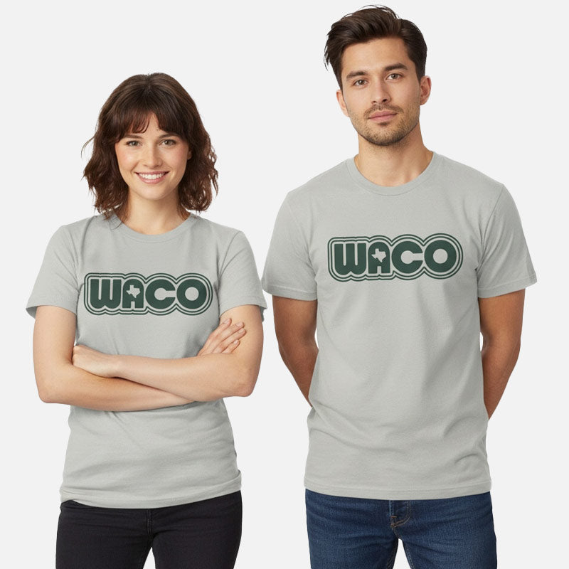 Two people wearing Thyme Green t-shirts with 'WACO' logo on a white background