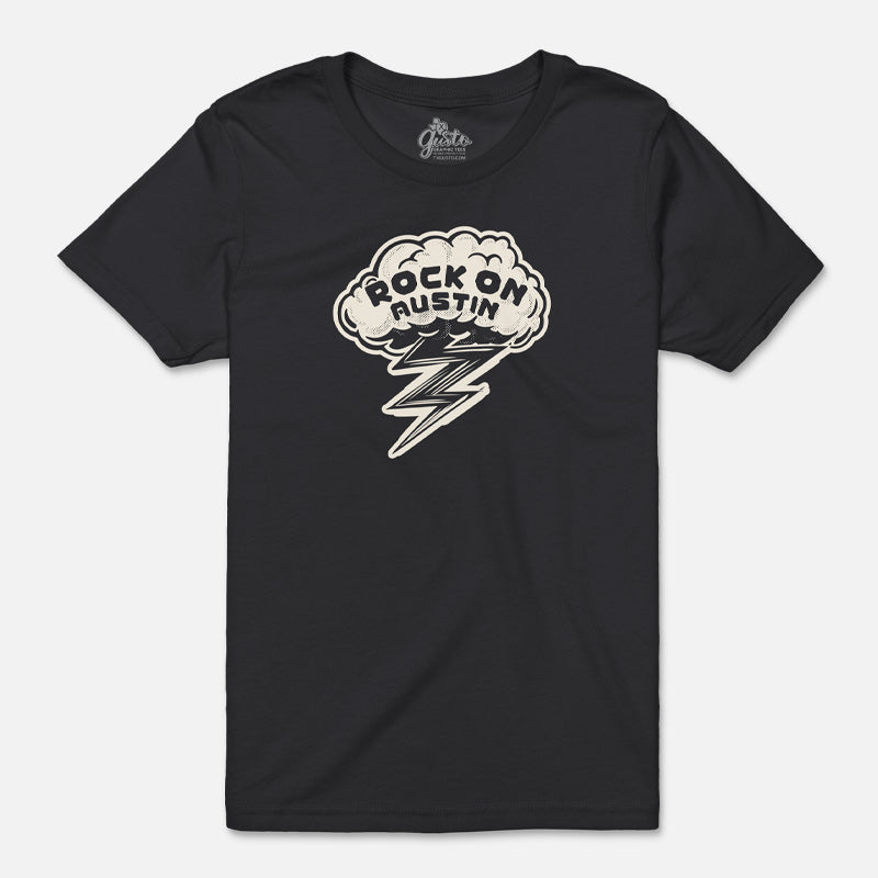 Rock On Austin youth t-shirt with bold lightning bolt graphic – fun and energetic music tee for kids