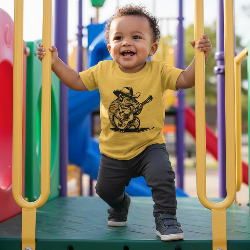 Child on a playground wearing a yellow t-shirt with a graphic design