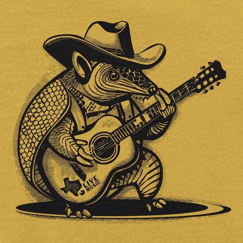 Rockin’ Armadillo toddler t-shirt with cartoon armadillo playing guitar – fun Texas music tee for kids