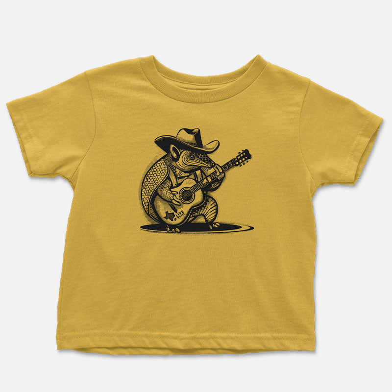 Rockin’ Armadillo toddler t-shirt with cartoon armadillo playing guitar – fun Texas music tee for kids