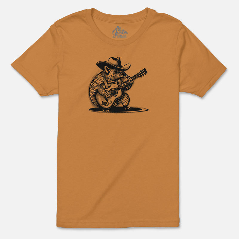 Rockin’ Armadillo youth t-shirt with cartoon armadillo playing guitar – fun Texas music tee for kids