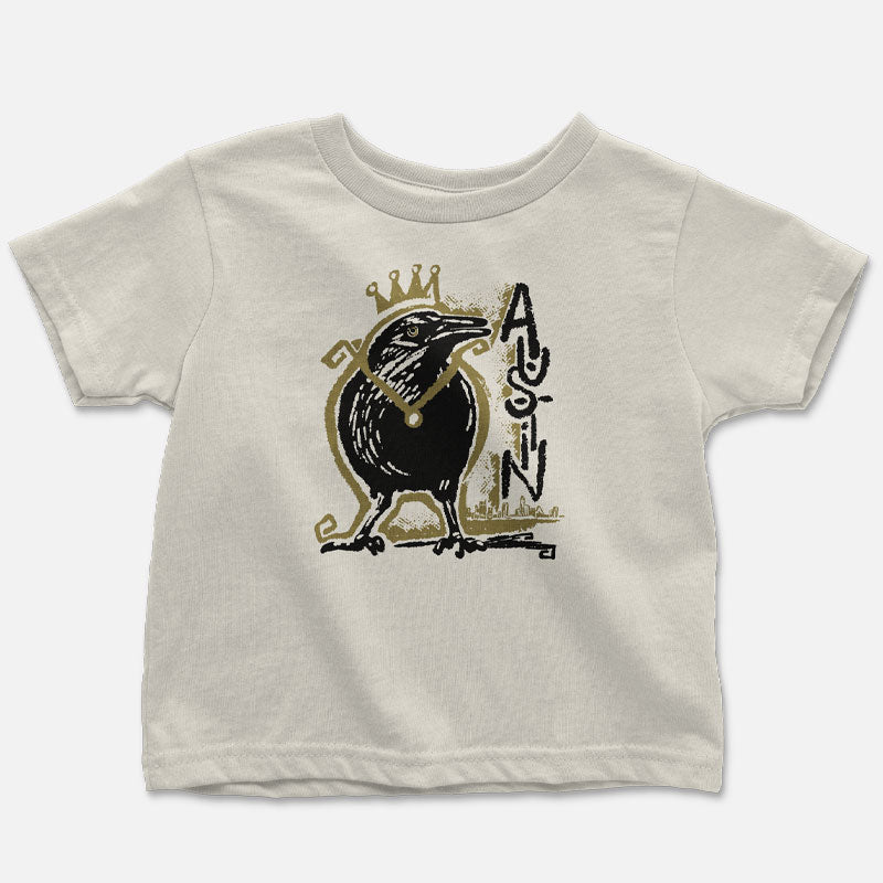 Royal Squawk Austin toddler t-shirt with crowned grackle design – playful and bold Austin-themed shirt for toddlers