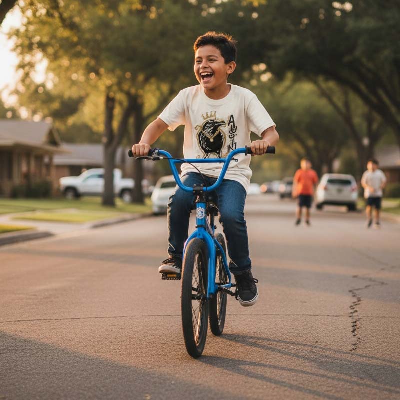 Child riding a blue bicycle on a suburban street with trees and houses in the background.