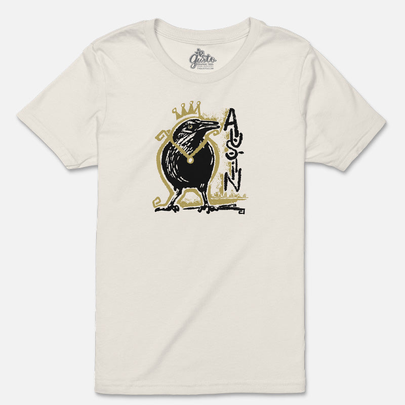 Royal Squawk Austin youth t-shirt with crowned grackle design – bold and playful Austin-themed shirt for kids
