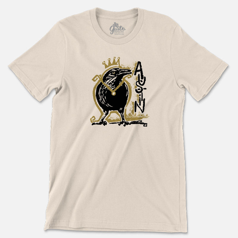 Royal Squawk Austin t-shirt with crowned grackle design – bold and quirky Austin-themed adult tee