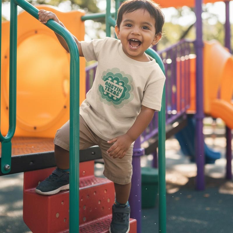 Child on a playground with a 'Austin, Texas' t-shirt