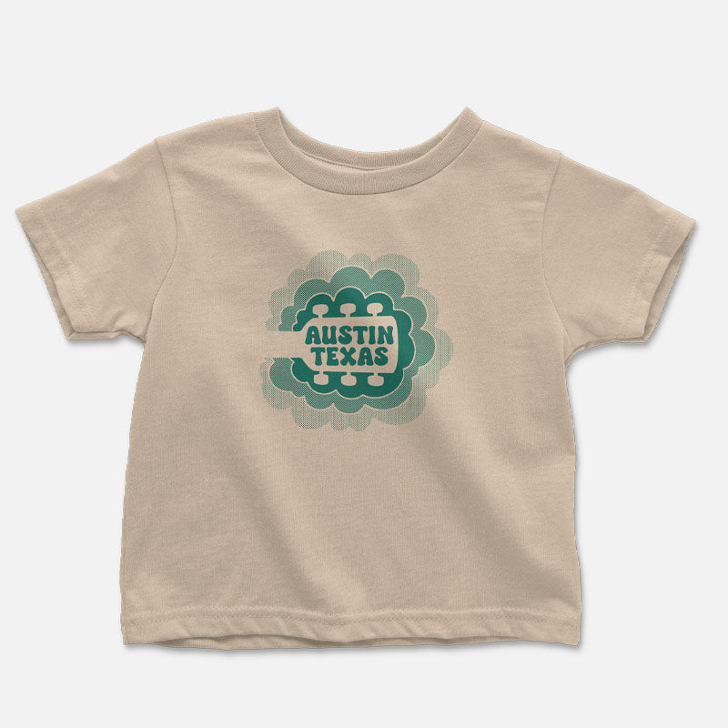 Sky Sync toddler t-shirt with guitar neck rising into clouds – Austin music-themed tee for kids