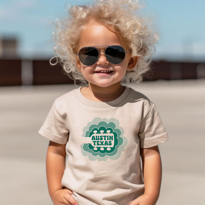 Sky Sync toddler t-shirt with guitar neck rising into clouds – Austin music-themed tee for kids