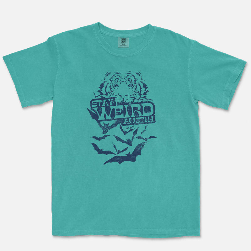 Stay Weird Austin t-shirt printed on a Seafoam Comfort Colors 1717 garment-dyed tee