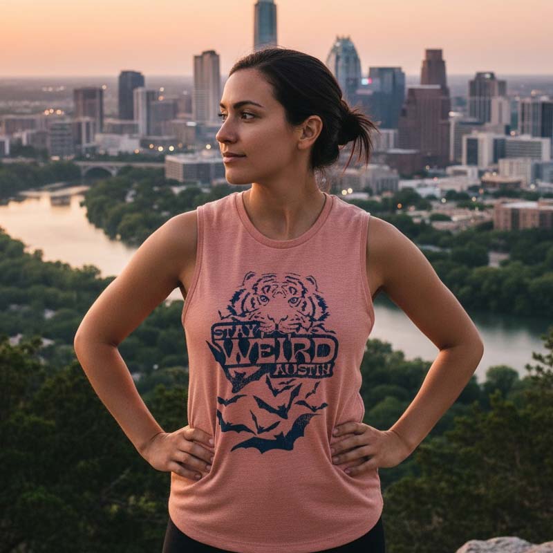 Woman wearing a pink tank top with a tiger graphic and text, standing in front of a cityscape.