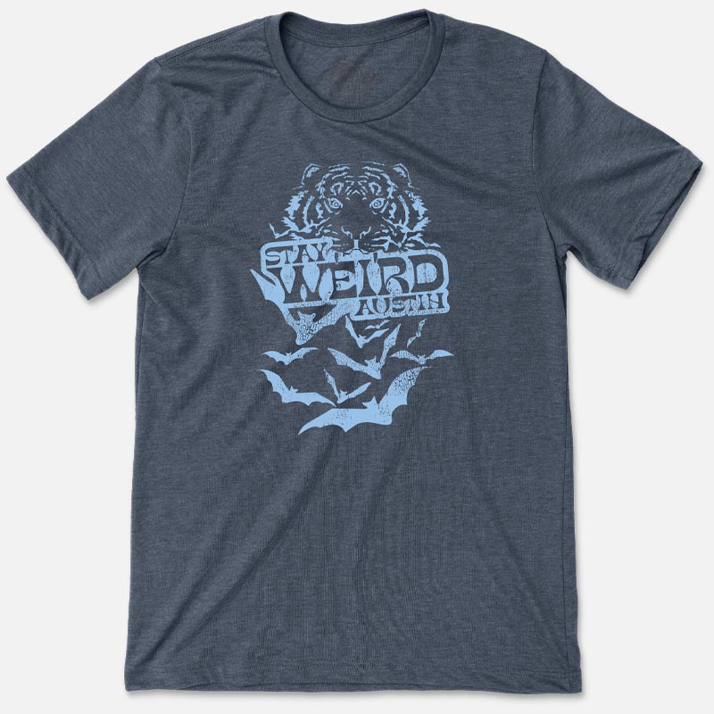 T-shirt with bold “Stay Weird Austin” text design on soft cotton fabric