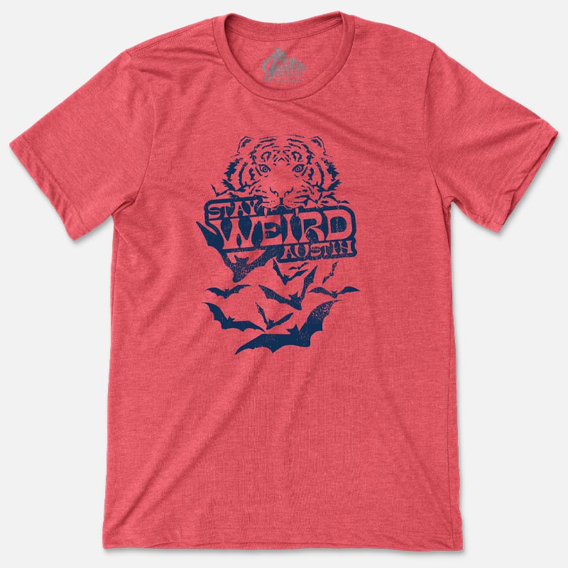 T-shirt with bold “Stay Weird Austin” text design on soft cotton fabric