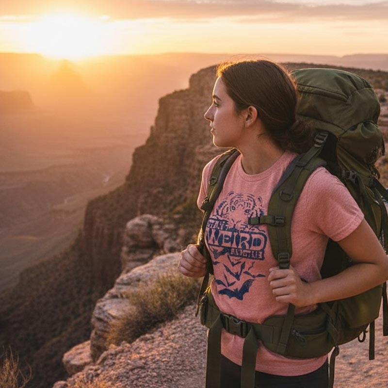 Person with a backpack standing on a cliff overlooking a scenic landscape at sunset.