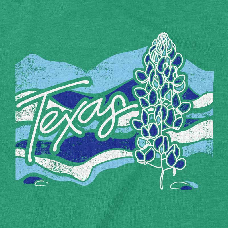 Close-up of Texas Bluebonnets graphic – illustrated bluebonnet flowers printed on soft cotton t-shirt