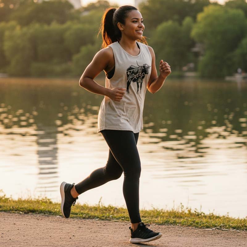 Woman running by a lake with trees in the background