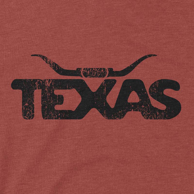 Close-up of Texas Longhorn graphic – detailed illustration of longhorn steer on vintage-style t-shirt