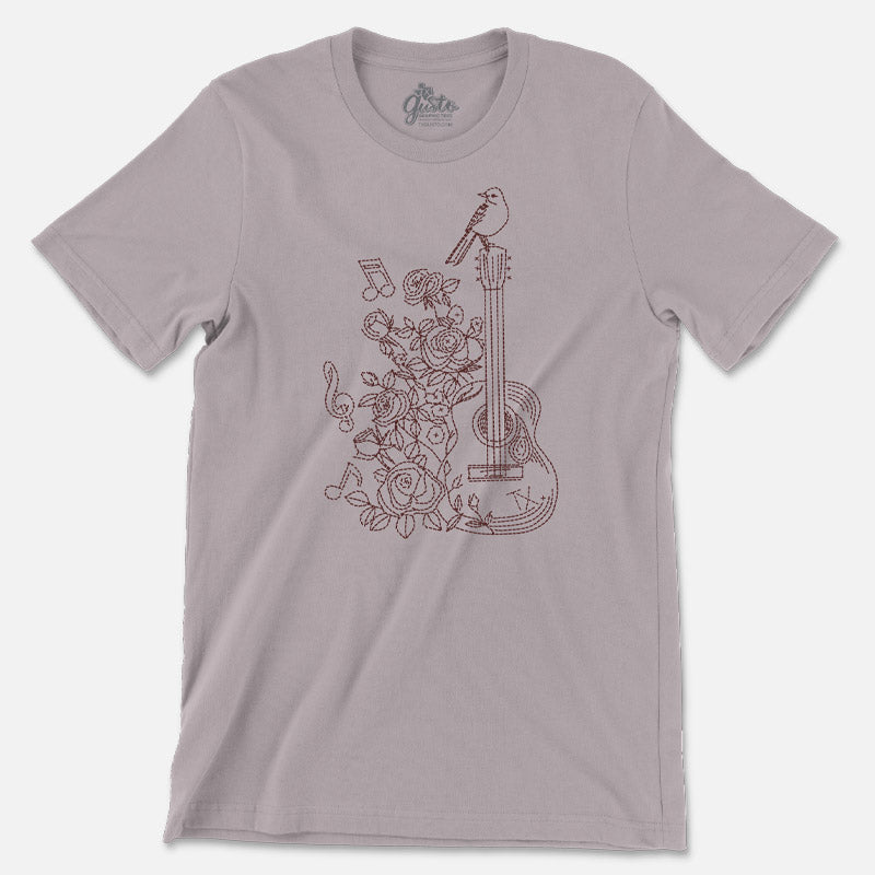 Gray t-shirt with a red floral and guitar design on a white background